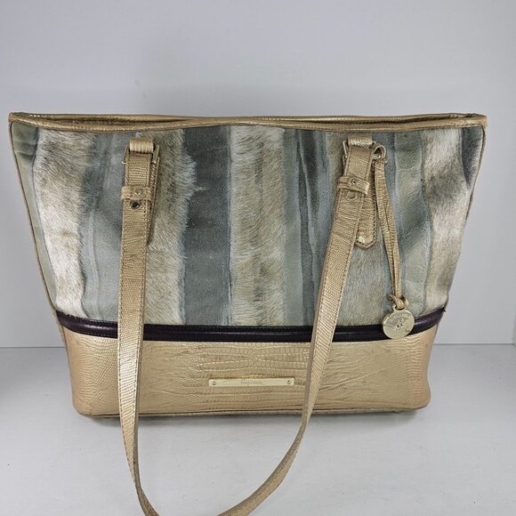 Brahmin Medium Classy Asher Leather Shoulder Tote Bag Gold Tones Calf Hair - Picture 2 of 16